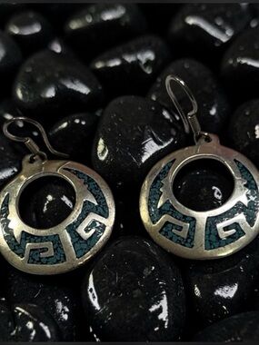 Vintage Taxco Mexico Sterling Silver Turquoise Inlay Geometric Drop Earrings